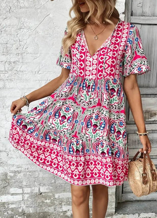 Printed Tie Neck Short Sleeve Dress - MimiStylez