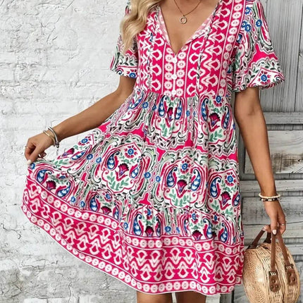 Printed Tie Neck Short Sleeve Dress - MimiStylez