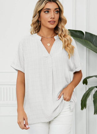 Side Slit Notched Neck Cuffed Short Sleeve Blouse - MimiStylez