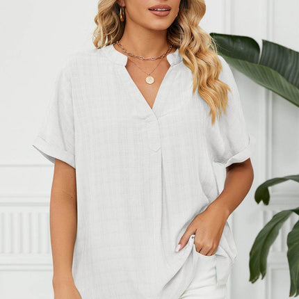 Side Slit Notched Neck Cuffed Short Sleeve Blouse - MimiStylez