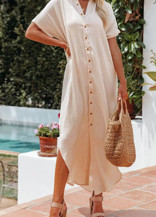 Button Down Short Sleeve Midi Shirt Dress - MimiStylez