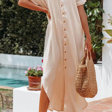 Button Down Short Sleeve Midi Shirt Dress - MimiStylez