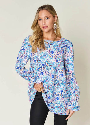 Double Take Full Size Printed Flounce Sleeve Blouse - MimiStylez
