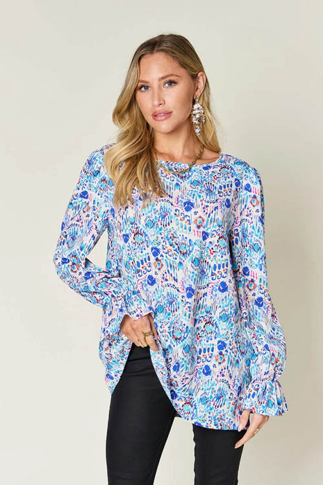 Double Take Full Size Printed Flounce Sleeve Blouse - MimiStylez