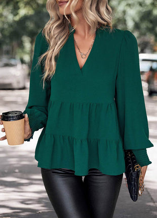Notched Neck Lantern Sleeve Blouse - MimiStylez