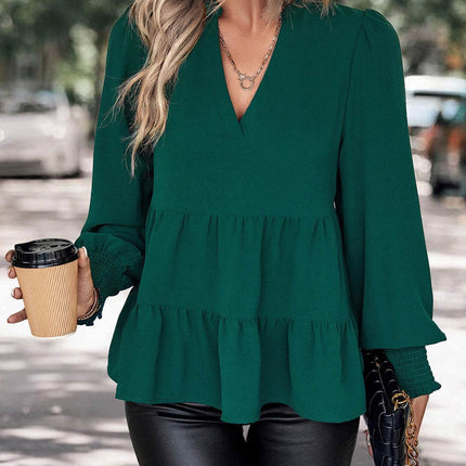 Notched Neck Lantern Sleeve Blouse - MimiStylez