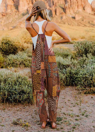 Full Size Printed V-Neck Sleeveless Jumpsuit - MimiStylez