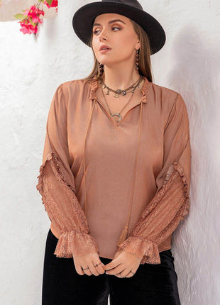 Plus Size Tie Neck Flounce Sleeve Blouse - MimiStylez