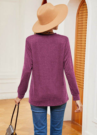 Buttoned Notched Neck Long Sleeve Top - MimiStylez