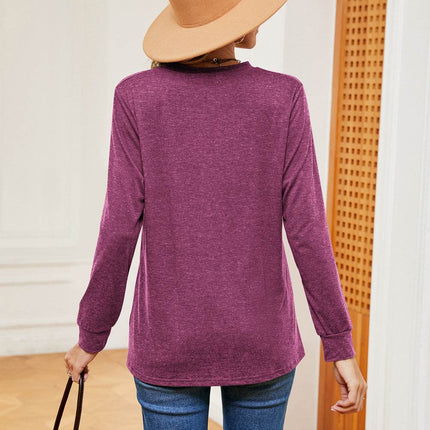 Buttoned Notched Neck Long Sleeve Top - MimiStylez