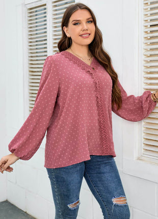 Melo Apparel Plus Size Lace Trim V-Neck Balloon Sleeve Blouse - MimiStylez