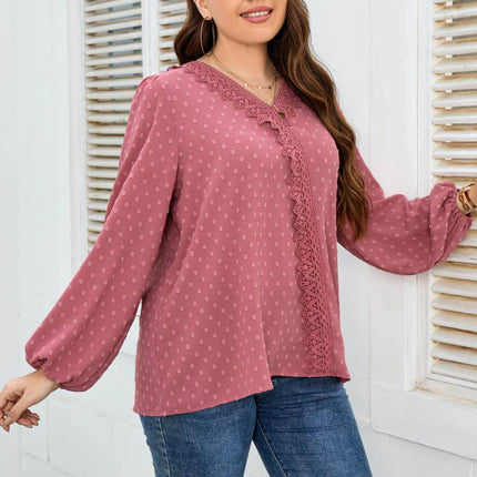 Melo Apparel Plus Size Lace Trim V-Neck Balloon Sleeve Blouse - MimiStylez