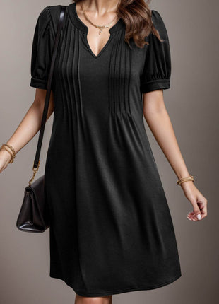 Pin-Tuck Notched Short Sleeve Dress - MimiStylez