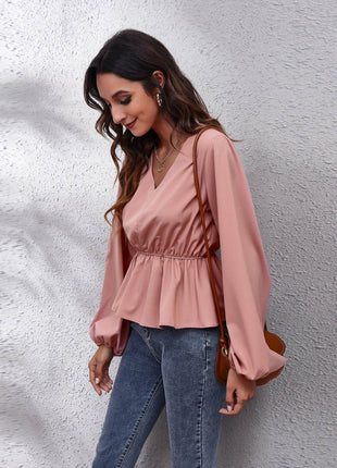 V-Neck Balloon Sleeve Peplum Blouse - MimiStylez