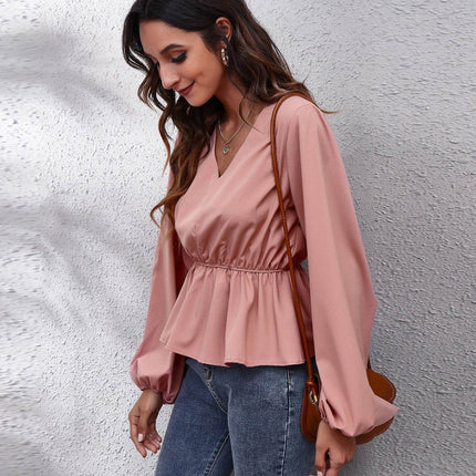 V-Neck Balloon Sleeve Peplum Blouse - MimiStylez