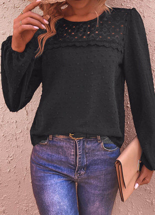 Swiss Dot Lace Trim Long Sleeve Blouse - MimiStylez