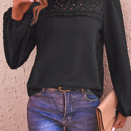 Swiss Dot Lace Trim Long Sleeve Blouse - MimiStylez