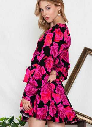 Floral Print Surplice Neck Long Sleeve Dress - MimiStylez