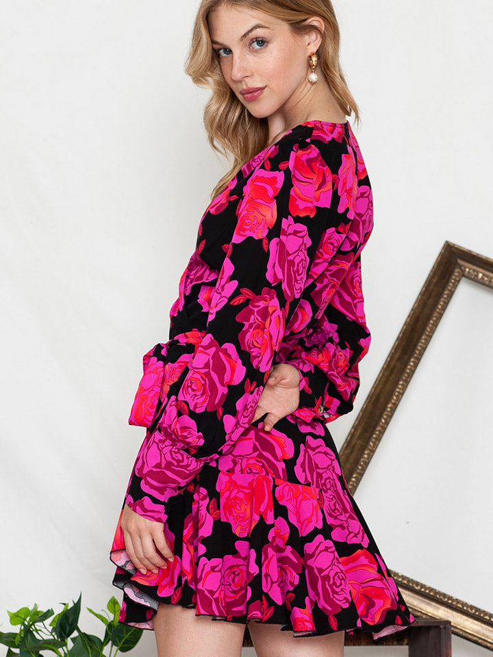 Floral Print Surplice Neck Long Sleeve Dress