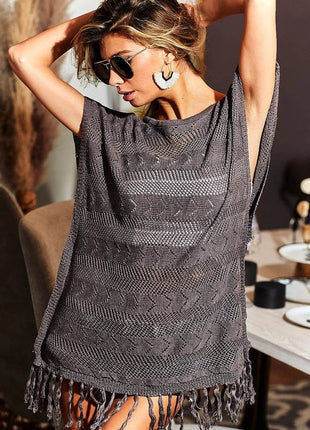 BiBi Fringed Hem Short Sleeve Knit Top - MimiStylez