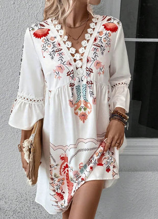 Lace Detail Printed Three-Quarter Sleeve Dress - MimiStylez