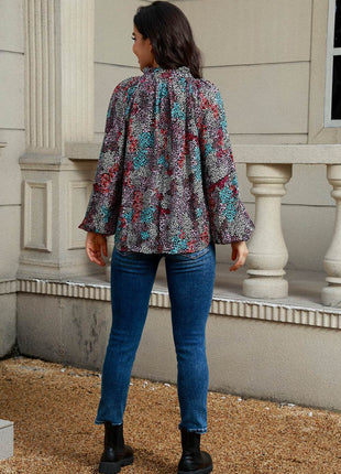 Tie Neck Heathered Balloon Sleeve Blouse - MimiStylez