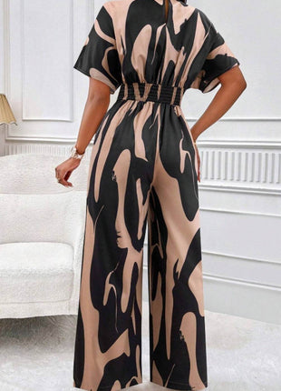 Printed V-Neck Short Sleeve Wide Leg Jumpsuit - MimiStylez