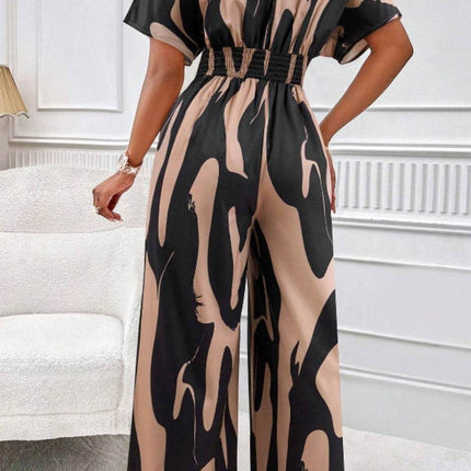 Printed V-Neck Short Sleeve Wide Leg Jumpsuit - MimiStylez