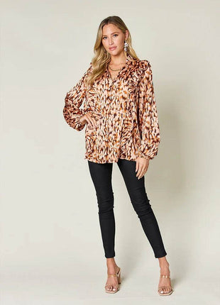 Double Take Full Size Printed Ruffle Trim Balloon Sleeve Shirt - MimiStylez