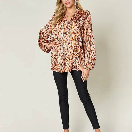 Double Take Full Size Printed Ruffle Trim Balloon Sleeve Shirt - MimiStylez
