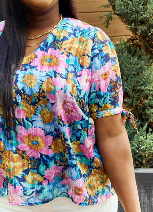 Petal Dew Full Size Floral V-Neck Tie Detail Blouse - MimiStylez