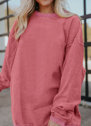 Ribbed Round Neck Drop Shoulder Sweatshirt - MimiStylez