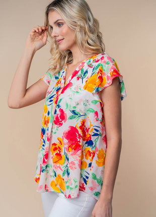 White Birch Full Size Short Sleeve Floral Woven Top - MimiStylez