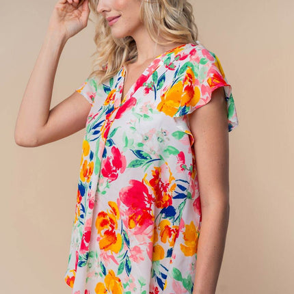 White Birch Full Size Short Sleeve Floral Woven Top - MimiStylez