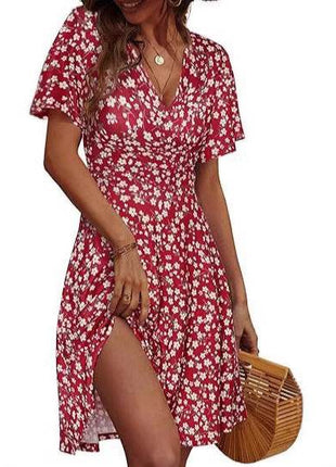 V-neck A Line Mid-length Dress Printing - MimiStylez