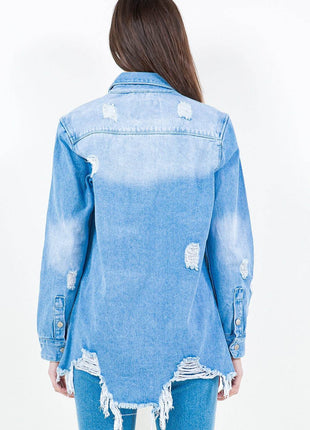 American Bazi Frayed Hem Distressed Denim Shirt Jacket - MimiStylez