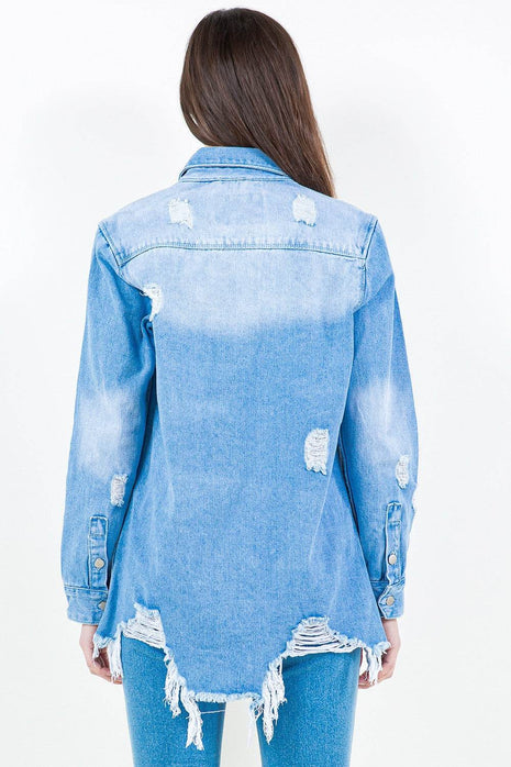American Bazi Frayed Hem Distressed Denim Shirt Jacket - MimiStylez