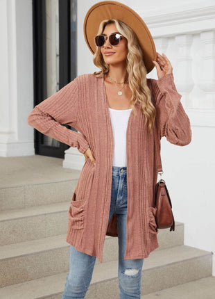 Pocketed Open Front Long Sleeve Cardigan - MimiStylez