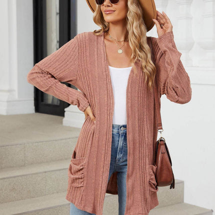 Pocketed Open Front Long Sleeve Cardigan - MimiStylez