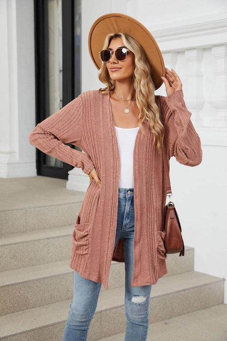 Pocketed Open Front Long Sleeve Cardigan - MimiStylez