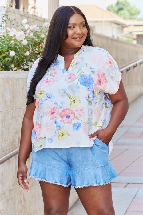 White Birch One And Only Full Size Short Sleeve Floral Print Top - MimiStylez