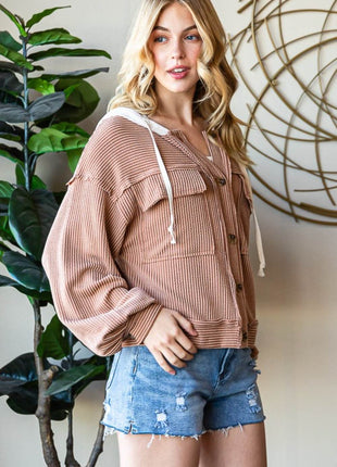 Reborn J Button Up Drawstring Striped Hooded Jacket - MimiStylez