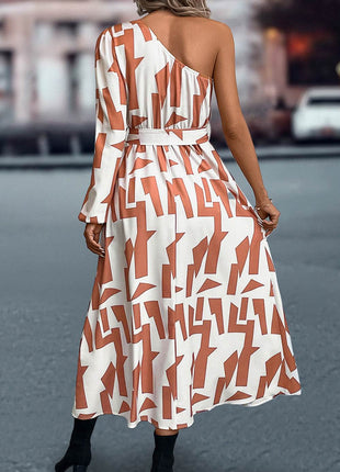 Printed One-Shoulder Tie Waist Dress - MimiStylez