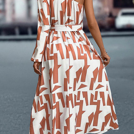 Printed One-Shoulder Tie Waist Dress - MimiStylez