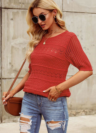 Openwork Round Neck Half Sleeve Knit Top - MimiStylez