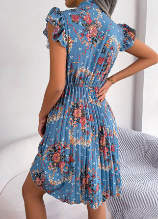 Pleated Floral Printed Tie Neck Knee Length Dress - MimiStylez