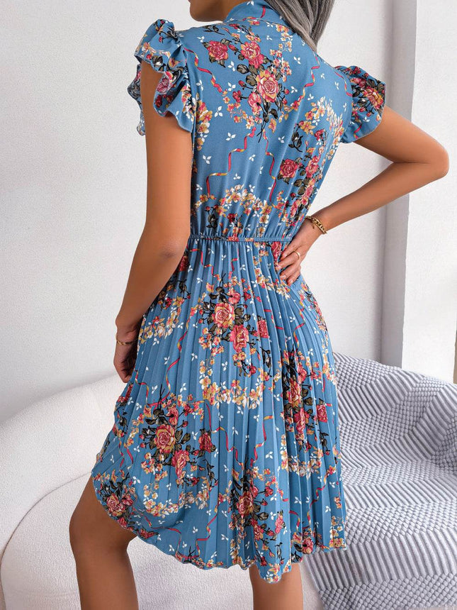 Pleated Floral Printed Tie Neck Knee Length Dress - MimiStylez