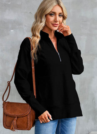 Half Zip Pocketed Dropped Shoulder Sweatshirt - MimiStylez