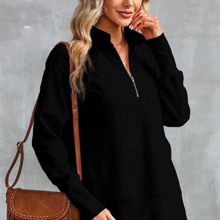 Half Zip Pocketed Dropped Shoulder Sweatshirt - MimiStylez