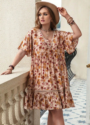 Plus Size Floral Crochet Flutter Sleeve Dress - MimiStylez
